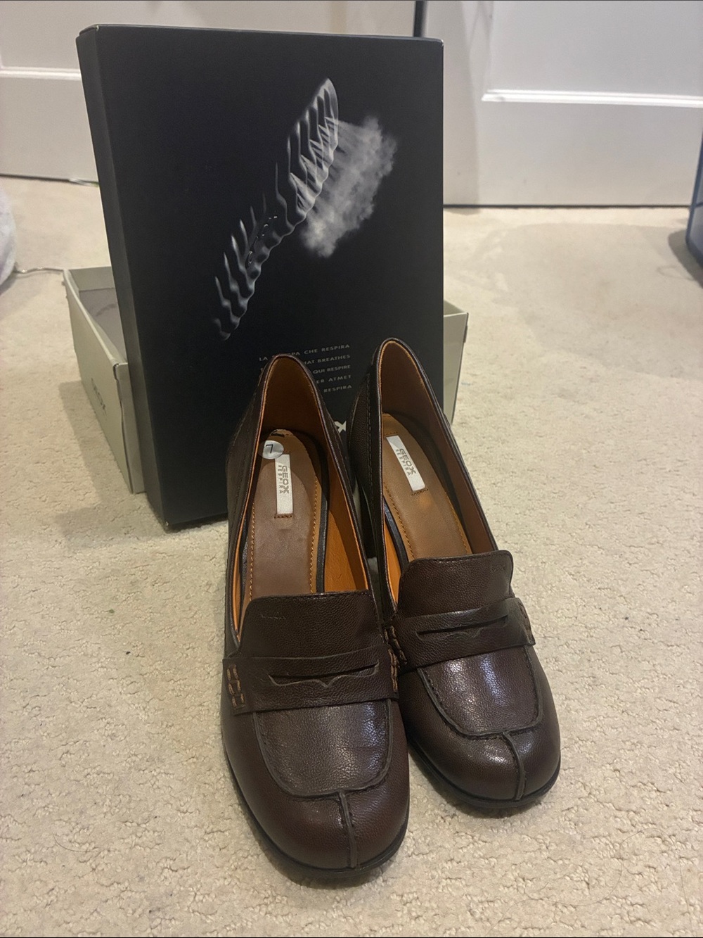 GEOX Respira Maurizia Brown Goat Leather Penny Loafer Block Heel Pumps 37 7 👵MT